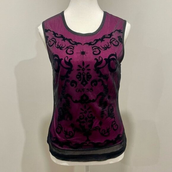 Vintage Y2K Guess Jeans Velvet Burnout Mesh Overlay Top Grunge Goth Whimsigoth - Picture 1 of 7